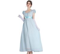 CR ROLECOS Women's Regency Dress Victorian Jane Austen Long Vintage Dress Victorian Regency Era Ball Gown with Gloves Empire Waist Dress, blue, L