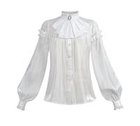 CR ROLECOS Women's Victorian Blouse Plus Size Lolita Shirt Vintage Steampunk Stand-Up Collar Long Sleeve Lotus Ruffle Tops White S