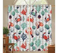 Crab Blackout Curtains, Coastal Nautical Lobster Shell Summer Red Machine Washable Pattern Printed Window Curtains for Bedroom and Living Room Window Decor 52x54 Inch