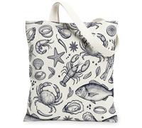 Crab Canvas Tote Bag for Women, Nautical Vintage Lobster Fish Summer Navy Washable Reusable Small Tote Bags Ideas for Travel Work Shopping Bookstore 13x15 Inch