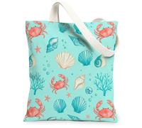 Crab Canvas Tote Bag for Women, Summer Coastal Shell Coral Summer Turquoise Washable Reusable Small Tote Bags for Shopping, Turquoise, 13x15 Inch