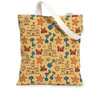 Crab Canvas Tote Bag for Women, Summer Playful Star Sandcastle Summer Yellow Washable Reusable Grocery Bag Ideas for Shopping Trips Office Library Casual 13x15 Inch