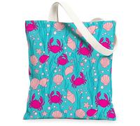 Crab Canvas Tote Bag for Women, Summer Tropical Shell Starfish Summer Aqua Washable Reusable Small Tote Bags for Shopping Brunch Park Library Day Trips 13x15 Inch