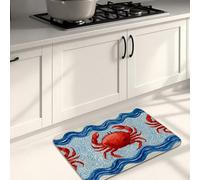 Crab Kitchen Mats for Floor, Ocean Waves Coastal Style Soft Mats, Cushioned Comfort Washable Non Slip Decor Rugs for Kitchen Sinks Laundryroom Bathroom 16x24 Inch