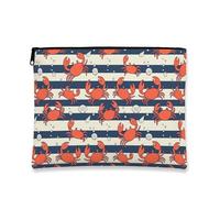 Crab Print Makeup Bag, Playful Striped Cosmetic Organizer for Women, Portable Canvas Travel Pouch, Summer Beach Toiletry Bag, Navy, 7x9 Inch, Crab