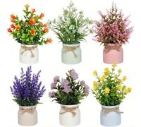 Crabop 6pcs Artificial Potted Lavender Plants, for mini Fake Flowers with Rustic Bows, 19x16cm Plastic Greenery for Home Office Shelf Decor(6 pot-3)