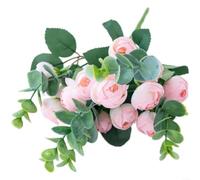 Crabop Artificial Silk Eucalyptus Camellia Bouquet, 30cm Lifelike Floral Arrangement with 5 Forks for Wedding Centerpieces, Home and Garden Decor, White(Pink)