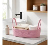 Crabop Pink Bow Cotton Rope Storage Basket with Handle,13x6x4 Inch Foldable Organizer for Toilet Tank Top Bathroom Decor and Essentials