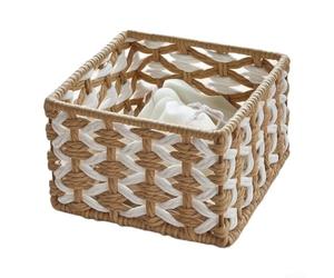 Crabop Small Wicker Bin 15cm Handmade Paper Rope Organizer | Handwoven paper rope, metal frame, 15x10x10cm, yellow white, rustic charm, material
