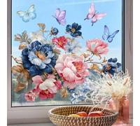 Crabop Vintage Peony Window Cling with Butterflies, 40x30cm Static Floral Decal for Home Glass Decor