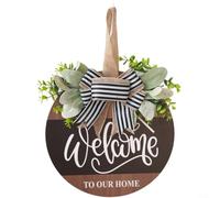 Crabop Wooden Welcome Sign with Spring Wreath and Butterfly, Rustic Front Door Hanging Decor for Home Entrance Garden 30x30cm(Welcome)