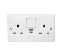 Crabtree 4306/USBC Capital White Moulded 13A 2 Gang SP Switched Socket with 1x USB Type-A & 1x USB Type-C 20W