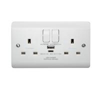 Crabtree CR1306/USBC Instinct White Moulded 13A 2 Gang SP Switched Socket with 1x USB Type-A & 1x USB Type-C 20W
