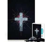 Cracked Christian Cross with Rays on Black Jigsaw Puzzles for Adults 1000 Piece Logic Fun, Smooth Thick, Playful Challenge, Xmas Santa Gift (38x52cm)