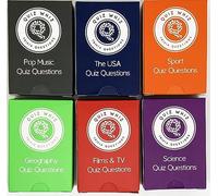 Crackers Ltd Quiz Whiz Set of 6 assorted boxes of Trivia Questions in a Matchbox, themes include pop music, USA, Sport, Geography, Film and TV and Science