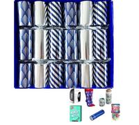 Crackers Ltd Set of 6 Family Size Large Selection Box of Christmas in Silver and Blue with selected gifts and blue hats