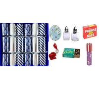 Crackers Ltd Set of 6 Family Size Large Selection Box of Christmas in Silver and Blue with selected gifts and bespoke blue hats