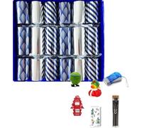 Crackers Ltd Set of Party time Christmas Crackers in silver and blue - with reusable stockings and hats containing badges, blow outs and gift