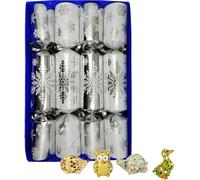 Crackers Ltd Silver Snowflake Christmas Crackers with Mosaic Animal Ornaments, Set of 4