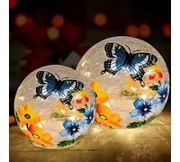 Crackle Glass Ball Light Butterfly Floral Pattern LED Night Light Indoor Tabletop Decorative Sphere Lamp for Home Decor Christmas Birthday Wedding Girls Women's Gift (2 Pack)