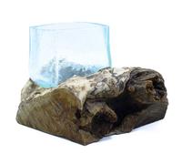 Crackled Molten Glass Tank With Wooden Base Decorative Home Feature