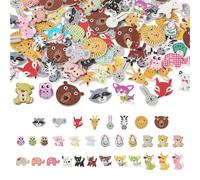 Crafans 130Pcs Cartoon Wooden Buttons 2-Hole Wooden Pom Pom Button Fox Bear Owl Animal Novelty Buttons Beef Printed Wood Buttons for Crafts Decor Sewing