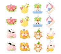 Crafans 16Pcs Kawaii Resin Pendants Rabbit/Tiger/Cartoon Cattle Animal Charms Lovely Coconut Tree Pineapple Watermelon Resin Dangle Charms for DIY Jewelry Making