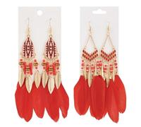 Crafans 2 Pairs Boho Styles Feather Earrings with Golden Finding French Feather Dangle Earring Vintage Red Feathers Earrings for Women Girls, Red