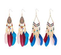 Crafans 2 Pairs Feather Dangle Earrings French Styles Feathers Dangle Earring Boho Chic Teardrop Earrings Coloured Feather with Golden Finding Vintage Earring for Women Girls, Colorful