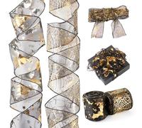 Crafans 2 Rolls Halloween Polyester Ribbons 63mm Wide Golden Bat & Cobweb Printed Organza Ribbons Black Wired Polyester Ribbon for Costume Accessories Party Decoration