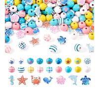 Crafans 251Pcs Ocean Theme Wood European Beads - Large Hole Natural Wooden Spacers With Squid, Starfish, Dolphin & Turtle Shapes - Spray Painted for Jewelry Making