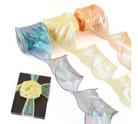 Crafans 3 Rolls Iridescent Organza Ribbons 60mm Wide Shimmer Sheer Chiffon Ribbons Sparkly Polyester Organza Ribbon for Gift Wrapping Wedding, Darkcyan/Yellow/Orange