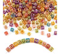 Crafans 380Pcs Acrylic Cube Letter Beads 6mm Golden Letter A-Z Alphabet Beads Charms Transparent Capital Initial Charms Spacer Beads for Friendship Bracelet Jewelry Making