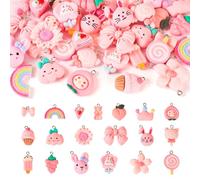 Crafans 38Pcs Cute Resin Charms Rabbit/Rainbow/Bowknot/Daisy Dangle Charms Cartoon Style Strawberry Cat Head Cake Resin Pendants for DIY Necklace Jewelry Making,Pink