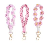 Crafans 3Pcs Cherry Blossom Cotton Braided Wrist Keychains Weave Twisted Lanyard Bohemian Braided Keychains Phone Holder DIY Key Accessories Purse Charm Hanging Decor, Pink