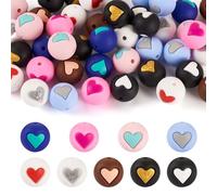 Crafans 45pcs 9 Colors Round with Heart Silicone Beads 15MM Heart Patterns Lovely Beads Loose Spacer Rubber Beads for DIY Bracelet Krychains Jewelry Making