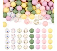 Crafans 80Pcs Daisy Printed Silicone Focal Beads 15MM Round Flower & Feather Pattern Soft Rubber Spacer Beads 8 Colors Bulk for DIY Bracelet Necklace Jewelry Making