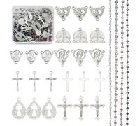 Crafans Rosary Beads Necklace Glass Beaded Chains Cross Pendants Silver Vintage Crucifix Charms Virgin Mary Chandelier Component Links for DIY Easter Jewelry Making
