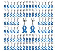 CRAFFANCY 100 Pcs Blue Ribbon Pendant with Clasps,Colon Cancer Prostate Cancer Awareness Alloy Ribbon Charms for Jewelry Making