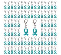 CRAFFANCY 100 Pcs Teal Ribbon Pendant with Clasps, Ovarian Cancer Awareness Alloy Ribbon Charms for Jewelry Making