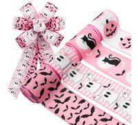 Craflox Pink Halloween Wired Ribbon for Wreath Bows, 4 Rolls, 2.5″ Wide, 20 Yards Total, Pastel Girly Halloween Ghost Wired Ribbons for Crafts Supplies, Pumpkin Cat Ribbon Bow