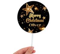 Craft Cart Name Personalised Customised Clear Round Merry Christmas Acrylic Cake Topper with Black Gold Star for Xmas Party Decoration Design 7