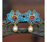 Craft Cloisonne Gilt Silk Ruby Pearl Earrings Style Retro Palace Unique