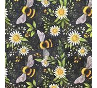 Craft Fabric - Bizzy Bumble Bees & Daisy Floral Print - Polycotton Fabric Material Metre