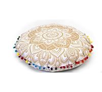 CRAFT KALA 22" Floor Pillows Cover for Sitting, Large Meditation Cushions Cover for Adults, Bohemian Mandala Round Pouf Seating Ottoman Cover for Outdoor Yoga and Living Room (White Gold Flower)