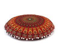 CRAFT KALA 22 Inch Round Mandala Floor Pillow Cushion Cover Seating Throw Cover Hippie Decorative Bohemian Ottoman Poufs Cover Pom Pom Pillow Cases Boho Cotton Living Room Yoga Home Décor (Red Mirchi)