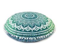 CRAFT KALA 22''IN Round Mandala Floor Pillow Cushion Cover Seating Throw Hippie Decorative Bohemian Ottoman Poufs Pom Cases Boho Indian Cotton Living Room Yoga Home Décor (Green Ombre), 22''