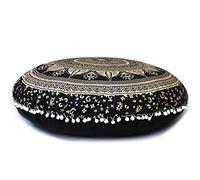 CRAFT KALA 32" Bohemian Floor Pillow Cover Boho Large Round Pouf Cover Mandala Meditation Room Pillows Cover for Adults Seating Poufs Cushion Cover for Kids Playroom, Black Gold Trishul