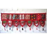 CRAFT KALA Indian Cotton Bohemian Ethnic Vintage Patchwork Door Topper Valances Window Valances Wall Hanging Boho Home Decor Hand Embroidered Toran Hippie Living Room Decor (Red, 1 Meter)