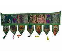 CRAFT KALA Indian Cotton Bohemian Ethnic Vintage Patchwork Door Topper Valances Window Valances Wall Hanging Boho Home Decor Hand Embroidered Toran Hippie Living Room Decor (Dark Green, 1 Meter)